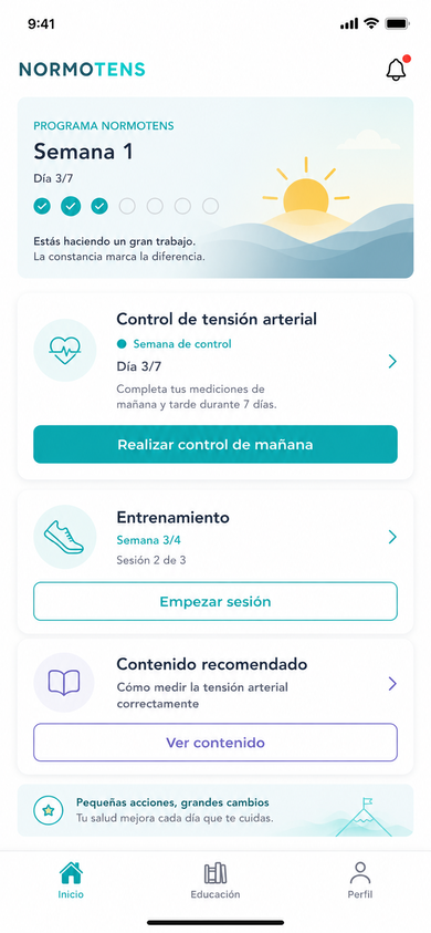 Pantalla de inicio de la app: semana 1, día 3 de 7, con el control de tensión, el entrenamiento del día y el contenido recomendado.